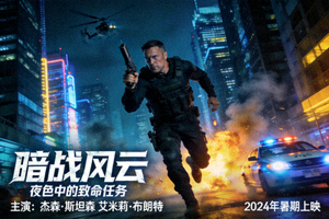 都市谍战动作电影海报 - 特工在城市夜景中执行任务